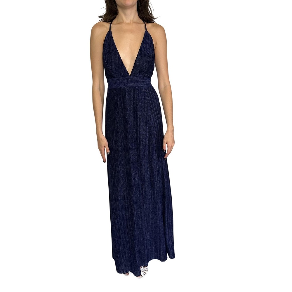 Lulus Dress Womens XS Metallic Blue Plunge Maxi Criss‎ Cross Back Formal Gown